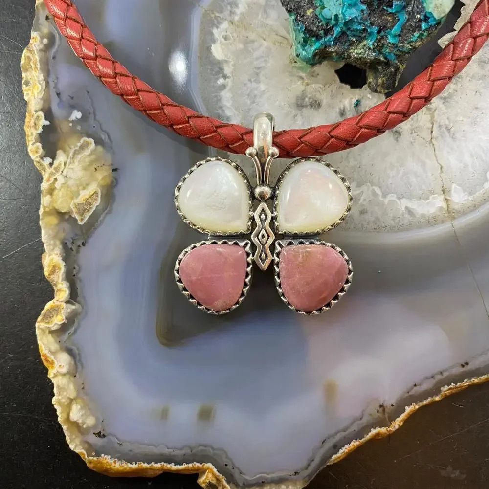 Carolyn Pollack Southwestern Style Sterling Mother of Pearl & Rhodonite Pendant - Picture 6 of 10